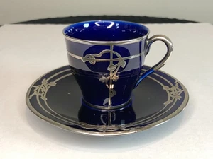 Lenox Ceramic Arts Cobalt Blue Porcelain Demitasse Cup Silver Overlay Vines - Picture 1 of 11