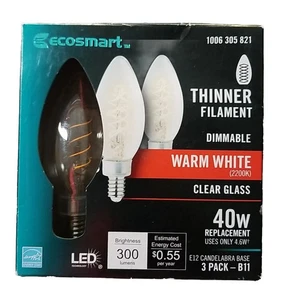 EcoSmart 40 Watt LED B11 Dimmable E12 Light Bulb WARM WHITE 3 X (3 Pack) 9 Bulbs - Picture 1 of 2