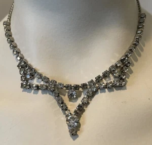 Vintage 15” Rhinestone Choker Necklace Dressy Wedding Prom Silvertone Setting - Picture 1 of 5