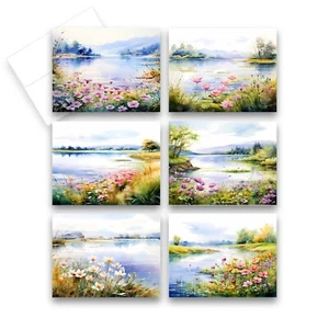 12 Assorted Blank note cards with envelopes - LAKESIDE FLOWERS (2 of Each) - Picture 1 of 9
