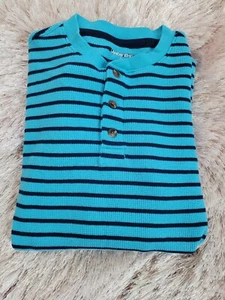 Lands End Shirt Kids Large 14-16 Blue Long Sleeve Polo Stripe - Picture 1 of 3