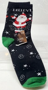Women’s Socks City Streets Holiday Calf Length Black/Red Santa Claus Size 4-10 - Picture 1 of 4