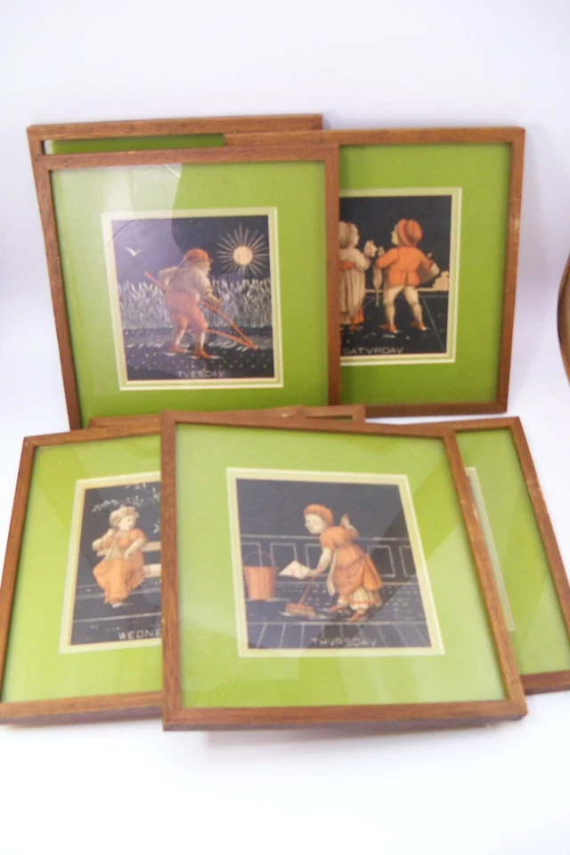 7  Folk Art Woodblock Prints Daily Week Days Monday-Sunday - Image 1 of 4