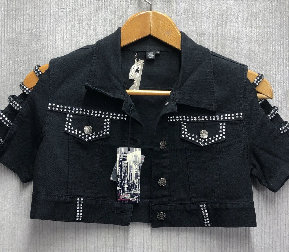 Chaqueta de mezclilla corta de felpa platino talla M negra brillante nueva con etiquetas Foto 1 de 4