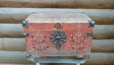 18thC Early Antique Red Folk Art Painted Wooden Chest Document Lock Box & Key Cover
