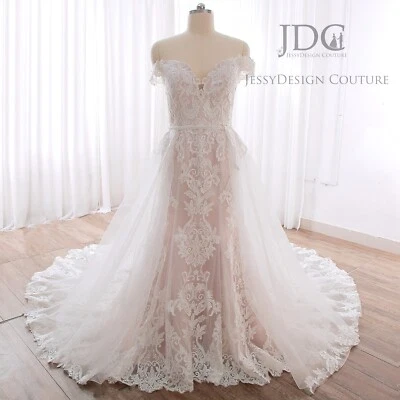 Timeless Lace Wedding Dress Bridal Gown Custom made 2 in 1 Detachable Train 2-28 - Image 1 of 4