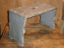 19th C EARLY OLD ORIGINAL GRAY PAINT PRIMITIVE STEP STOOL WITH SCROLLED SIDES