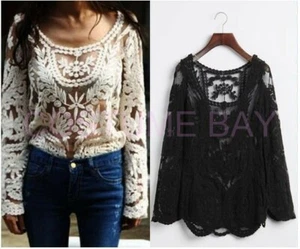 AU Clearance Women Sexy Sheer Long Sleeves Embroidery Floral Lace Top Blouse Tee - Bild 1 von 9