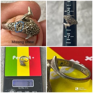 VTG Sterling Silver Marcasite Dolphin Bypass Ring Sz 5.75 ( Missing Stone ) - Picture 1 of 10
