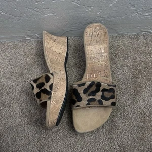 Stuart Weitzman Sandals 7 M Leopard Pony Hair Cork Leather Wedge Platform Slides - Picture 1 of 11