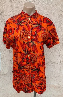 Vintage 1960's Hawaiian tiki orange metallic floral cotton s/s blouse shirt top - Image 1 of 4