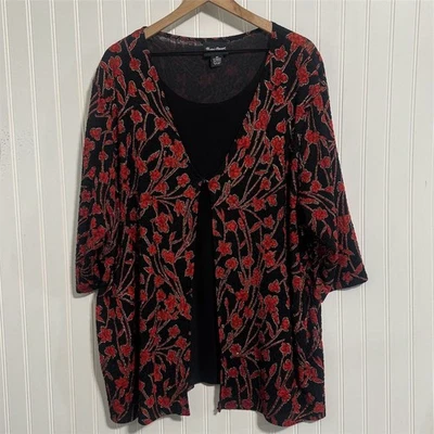 Maggie Barnes 2X Plus Negro Rojo Floral Cárdigan Top Blusa Cachichino Hecho en EE. UU. Foto 1 de 4