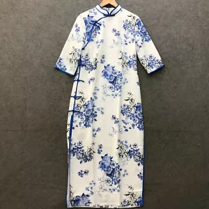 NEW Chinese Oriental Dress Womens 8-10 White Blue Floral Slit Half Sleeve 12121 - Picture 1 of 9