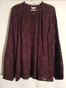 J. Jill-Dark Purple Plum Floral Long Sleeve Keyhole Top Blouse-LARGE - Picture 1 of 7