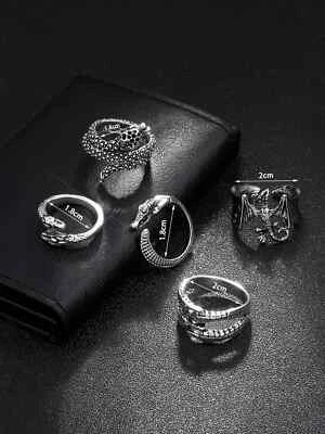 5 pezzi Anello anelli uomo design serpente drago colore argento kit - Immagine 1 di 3