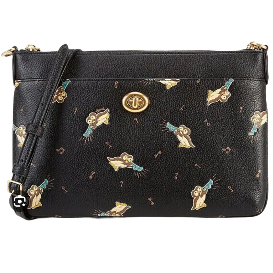 Coach Polly Crossbody Clutch Handbag MUSICAL OWLS Pebbled Leather C6587