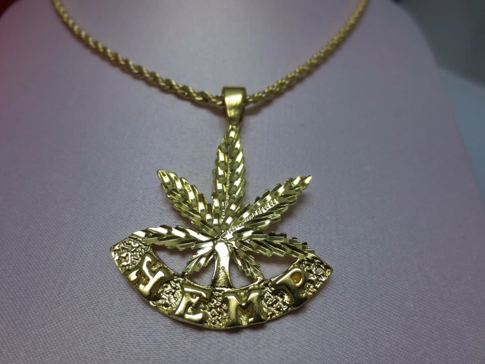 14 KT GOLD EP 2 "MARIJUANA POT LEAF HEMP & 14KT GOLD EP 24" 3MM ROPE CHAIN -3538 - Image 1 of 2