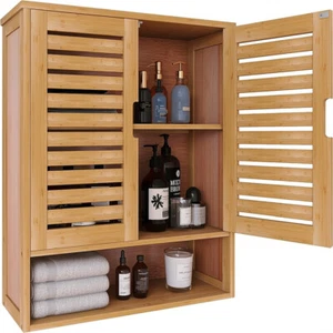 Bamboo Wall Cabinet Medicine Cabinet Storage Organizer Double Doors 3 Tier Shelf - Picture 1 of 11