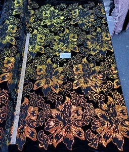 4-way Stretch Black Velvet w Iridescent Orange Sequins - Lotus Flower - Picture 1 of 7