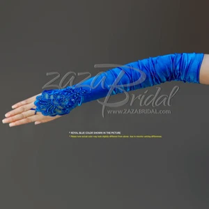 GATHERED SATIN FINGERLESS GLOVES WITH A FLORAL EMBROIDERY LACE, SEQUINS & PEARL - Picture 1 of 17