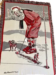 1990 RARE VINTAGE Large SANTA AFGHAN THROW golfing Santa 70”x40” Made In USA! - Picture 1 of 12