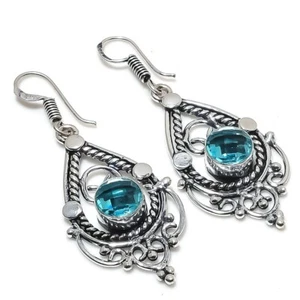 Swiss Blue Topaz Gemstone Handmade 925 Starling Silver Jewelry Earring Size 2" - Picture 1 of 1