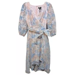 DNKY Pink Blue Floral Poof Sleeves Wrap Midi Dress Women's Size 8 - Picture 1 of 10