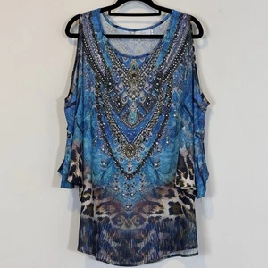 Genis  Blue Boho Cold Shoulder Tunic Top – Gem Print, Leopard Trim Tropical - Picture 1 of 6