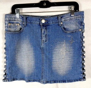 Pretty Jeans Denim Mini Skirt Rhinestones Leg Windows Junior Size 15/16 - Picture 1 of 5
