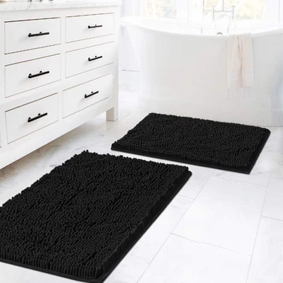Juego de 2 alfombras de baño negras, alfombras de baño suaves peludas de chenilla para piso de baño Foto 1 de 4