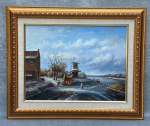 DUTCH WINDMILL WINTER LANDSCAPE OIL PAINTING FROZEN RIVER VILLAGE MILL FIGURES - Picture 1 of 11