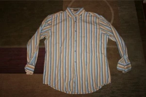 Tasso Elba Mens 100% Cotton Button Down Striped Dress Shirt Beige, Blue Large L - Picture 1 of 2