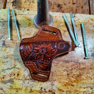 Floral Hand Carved OWB Leather Western Holster 1911 Barrel 3/3.5/4/4.25/5 Inches - Picture 1 of 3