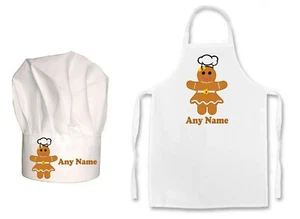 KIDS PERSONALISED Cute Gingerbread Girl Chef Print Kids Chefs Hat / Apron Set - Picture 1 of 7