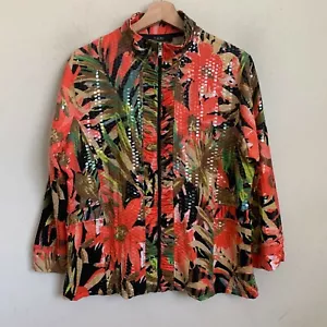 Toni Morgan Jacket Shiny Floral Orange Black Multi Zip Front 3/4 Sleeve Size XL - Picture 1 of 11