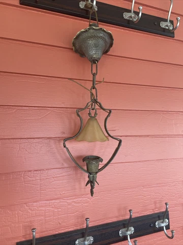 Art Deco Chandelier Arts & Crafts Hammered Metal And Tipi Cone Slip Shade Hall Cover