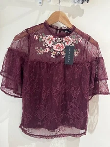 New Look Top Size 8 New Burgundy Lace Embroidered Short Sleeve Crop Party - Picture 1 of 9