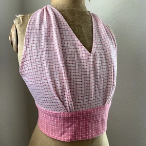 Vintage 70s Pink Plaid Cropped Disco Halter Tie Top Hippy Shirt - Picture 1 of 9