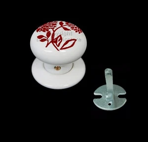 White Porcelain Single Door Knob (Push & Pull) Maroon Dahlia Design 60mm - Picture 1 of 1