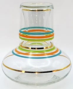 1960s Color & Gold Striped Glass Bedside Tumble Up Set Mid Century Glassware NOS - Picture 1 of 10