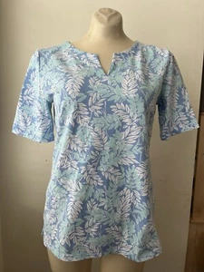 Top donna Talbots MEDIA blu acqua bianco stampa foglie manica corta VEUC - Foto 1 di 5