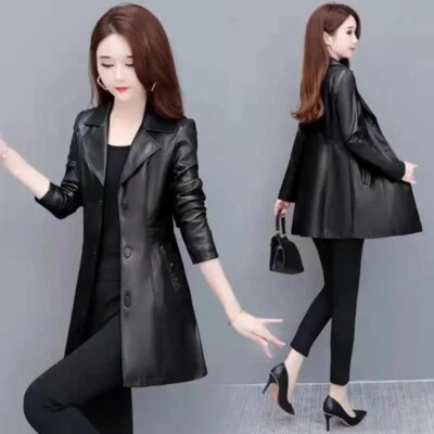 Women's Leather Windbreaker Spring Long Ladies Leather Trench Coat XS-2XL - Image 1 of 3