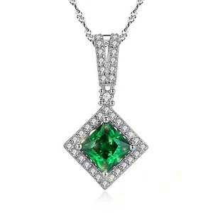 Sterling Silver Princess Cut Simulated Emerald Pendant Necklace Gift for Her - Picture 1 of 7