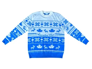 Canadian Club Whiskey Men's Blue White Ugly Warm Winter Sweater Jumper - Large - Picture 1 of 9