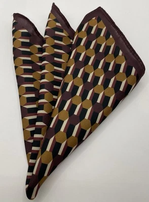 Pocket Square, Dark Maroon Black White Tan Geometric Design 11.5 Ins - Image 1 of 4