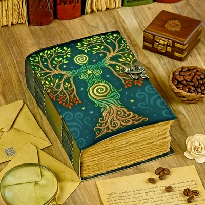 400 pages vintage, grimoire, journal, leather spell book with lock, witchy gift - Image 1 of 4