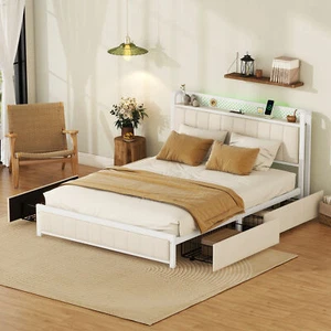 Upholstered Full Queen Bed Frame with 4 Storage Drawers and LED Headboard - Picture 1 of 24
