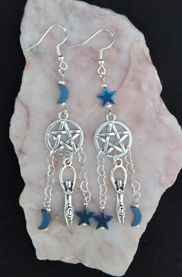 Dream Catcher Pentagram,Blue Hematite Moon & Stars,7cm, 925 Silver Hook Earrings Foto 1 de 4