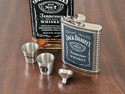 Jack Daniels Flask  2 Shots & Funnel Set - Stainless Steel 6 Oz Flask Shots Set - Image 1 of 4