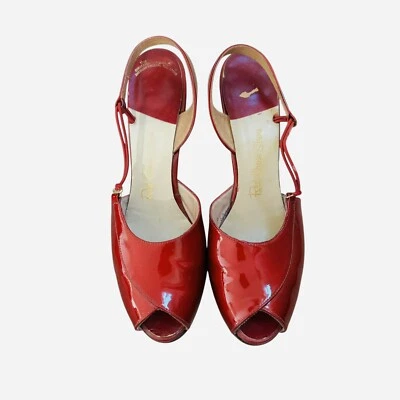 Винтажный красный крест туфли слинга Peeptoe красный лакированная кожа насосы - Изображение 1 из 4